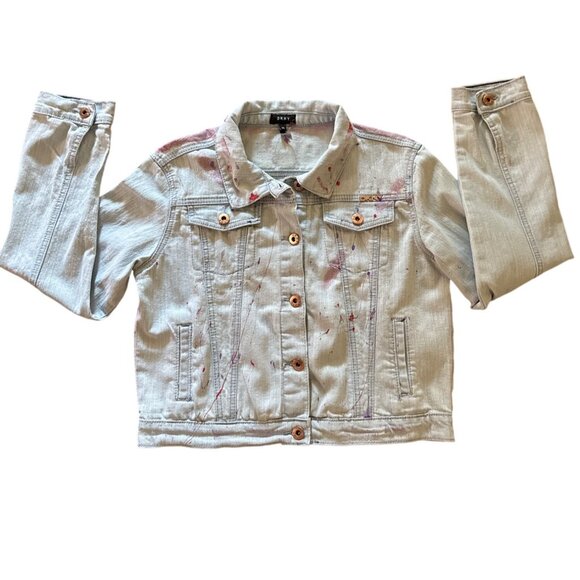 Hand painted  Good vibes acid fashion doll appliqué girls denim jacket 12-14 XL - Picture 3 of 14